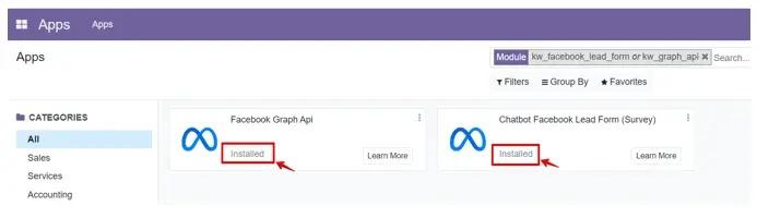 Встановлення потрібних модулів Фейсбук в Odoo, Unitsoft