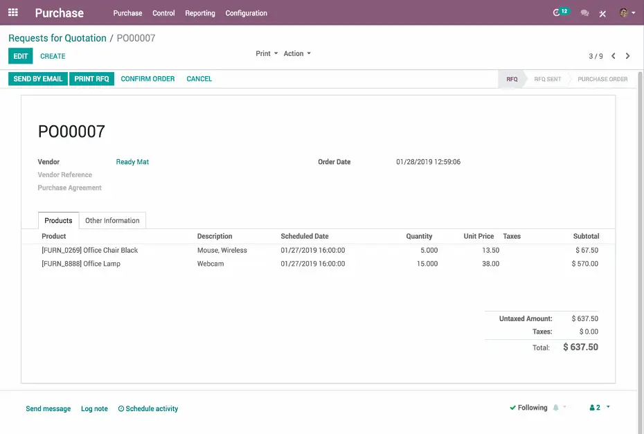 Запит на комерційну пропозицію в Odoo — управління закупівлями та постачальниками