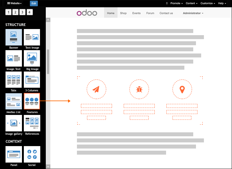 Редактор сайту Odoo — створення сторінки та додавання блоків контенту
