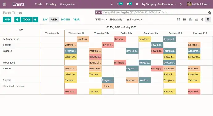 Odoo Events календар — розклад подій, сесій та треків конференції