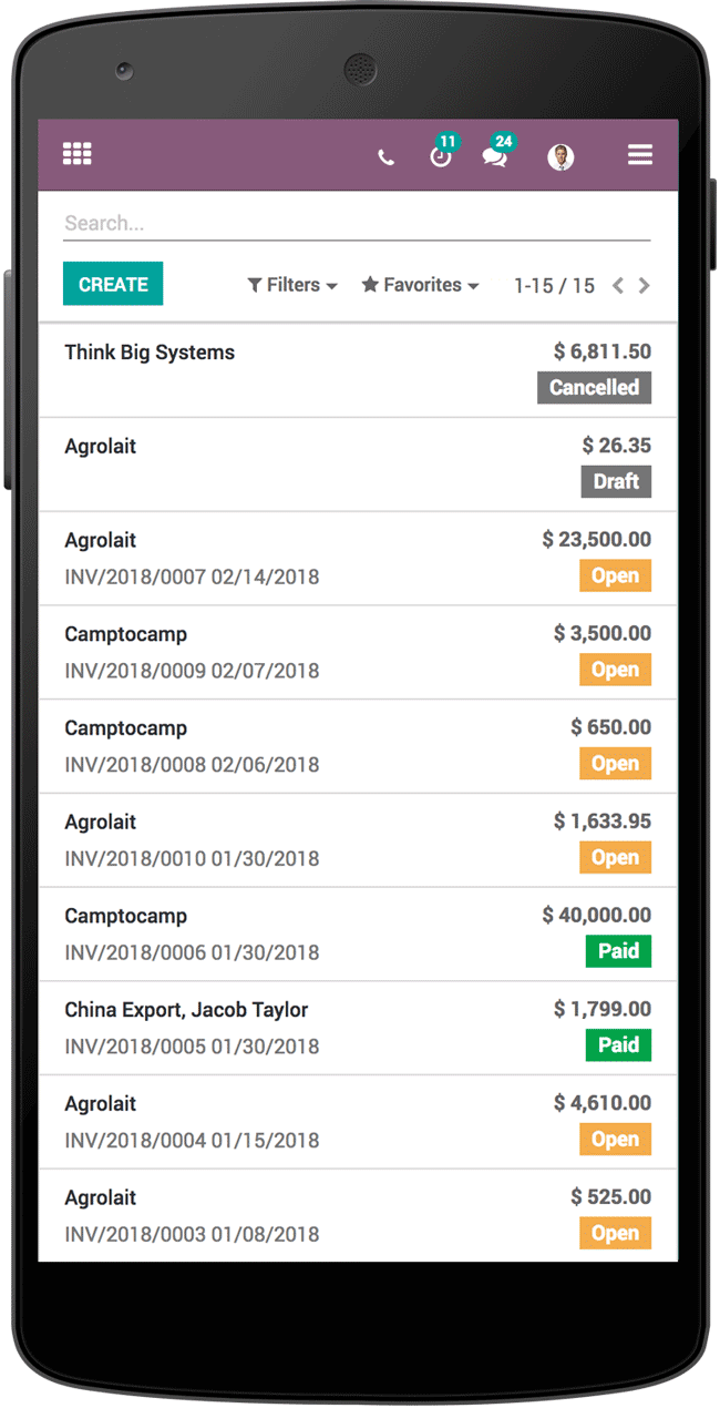 Мобільний додаток Odoo ERP для обліку рахунків, оплат і фінансових операцій